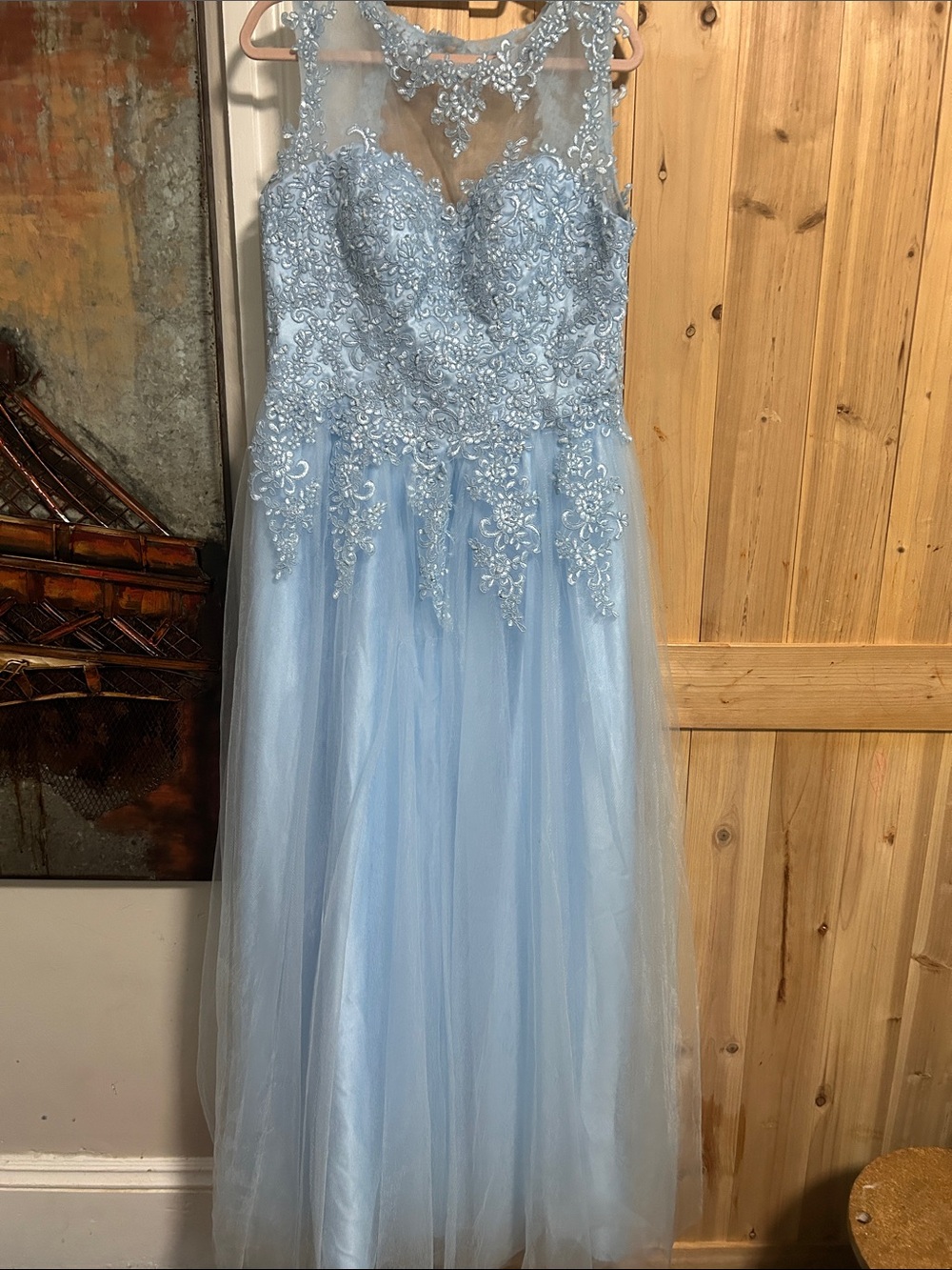 Sky Blue Lace Appliqué Tulle Evening Gown